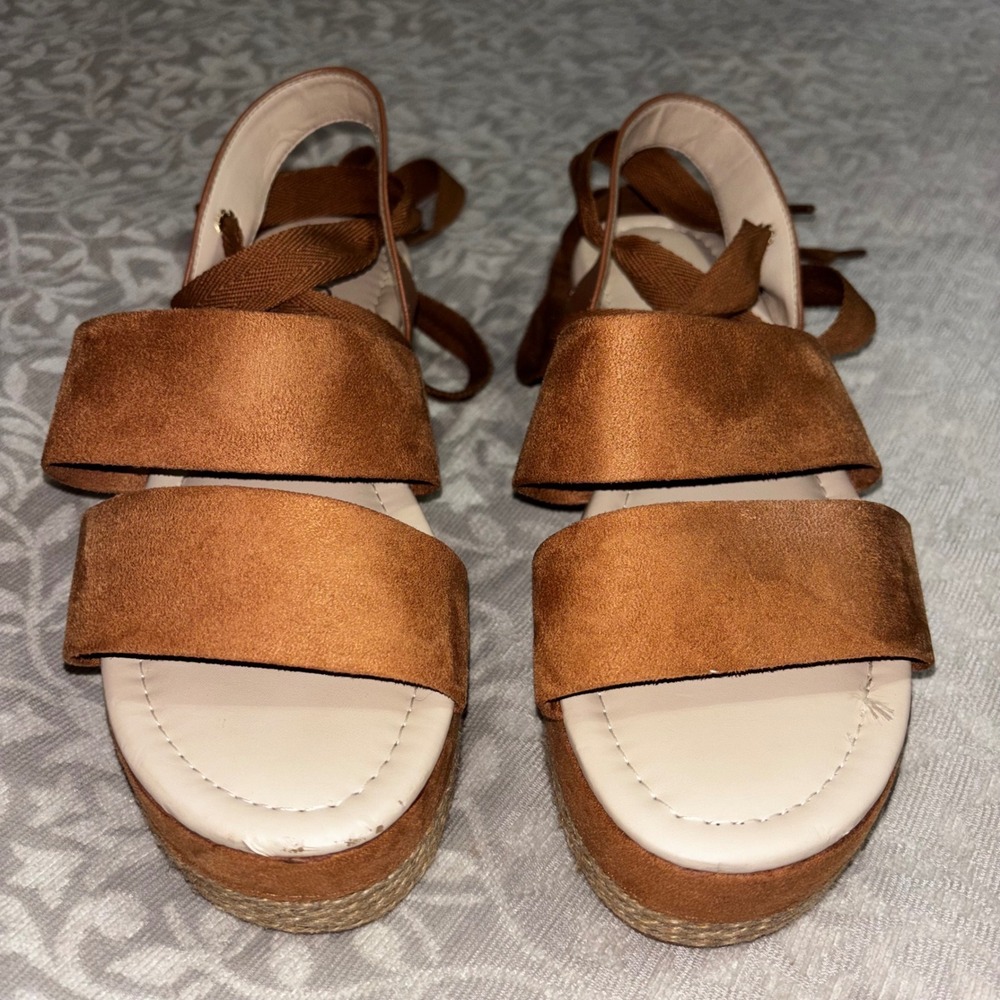 Ego Moleca Tan Faux Suede Platform Espadrille Lace Up Sandals - Picture 10 of 12
